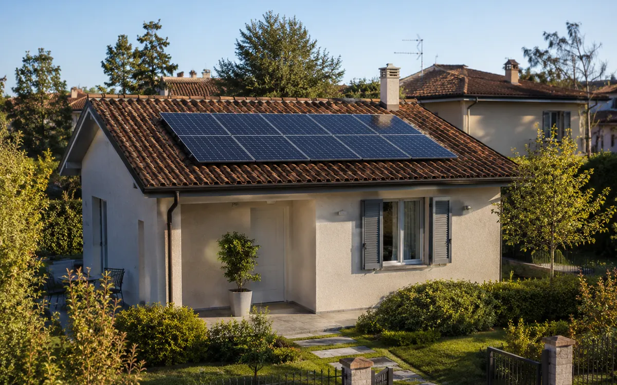 Pannelli fotovoltaici su una casa di dimensioni compatte