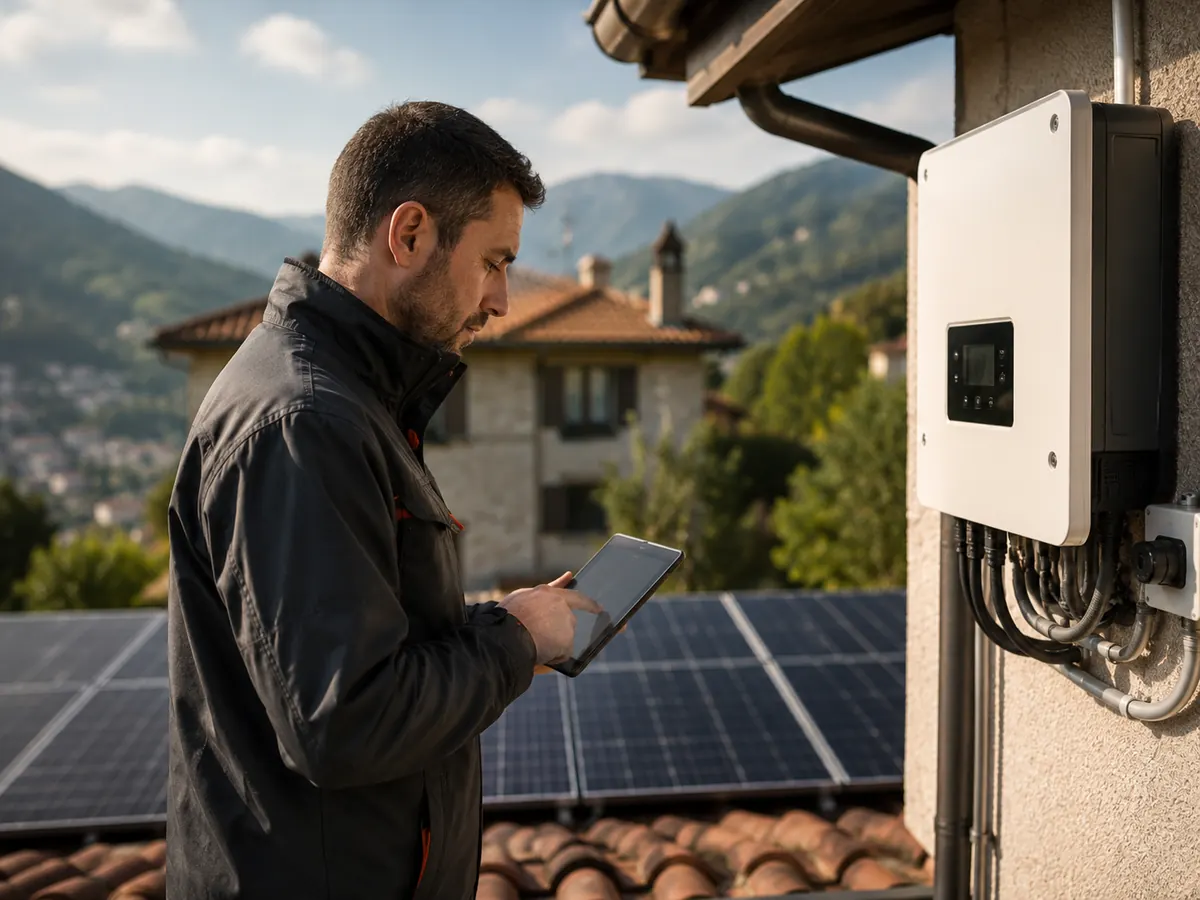 Tecnico durante la verifica di un impianto fotovoltaico