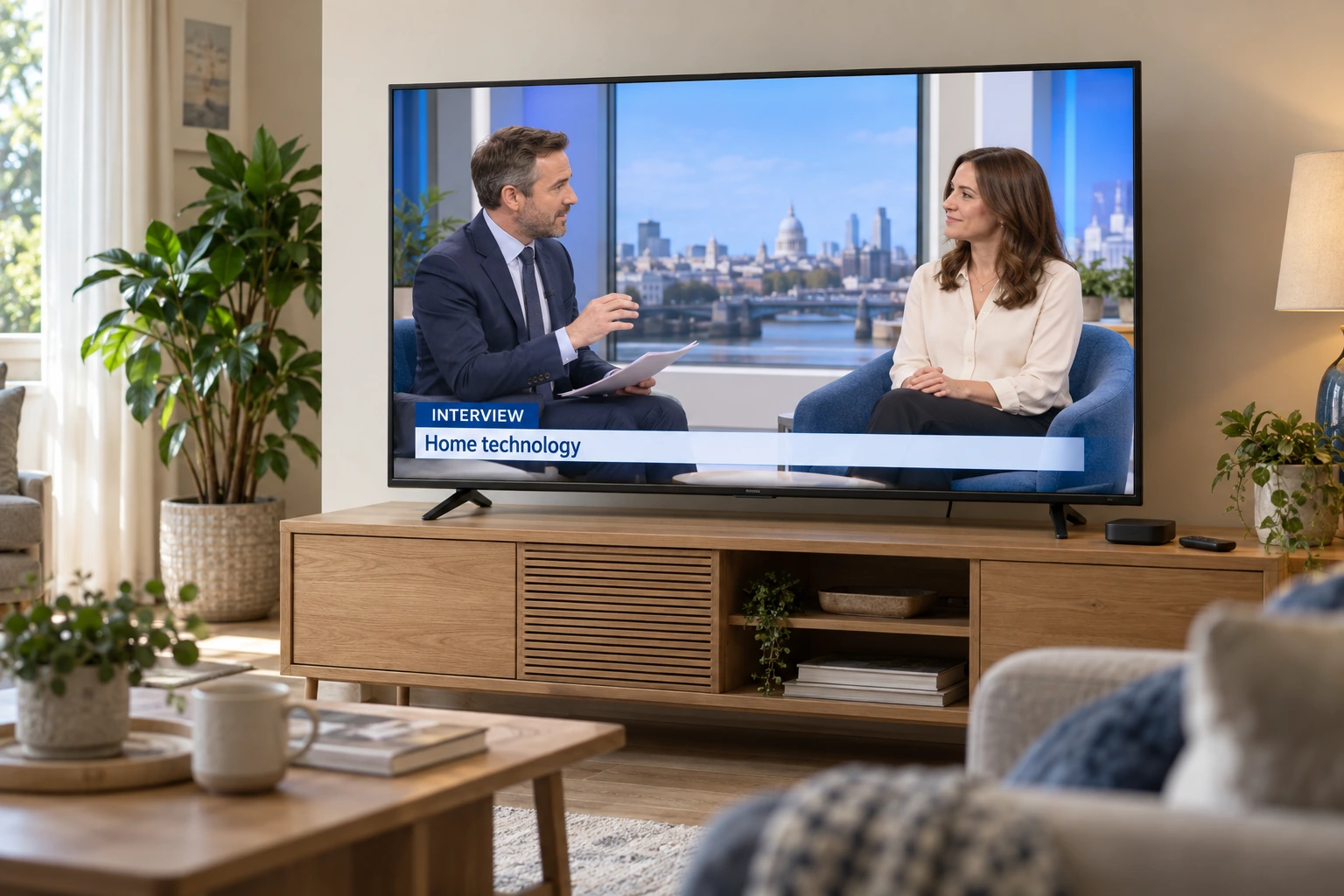 AI-generated illustration of a living-room television showing a fictional news-style interview, with no broadcaster branding